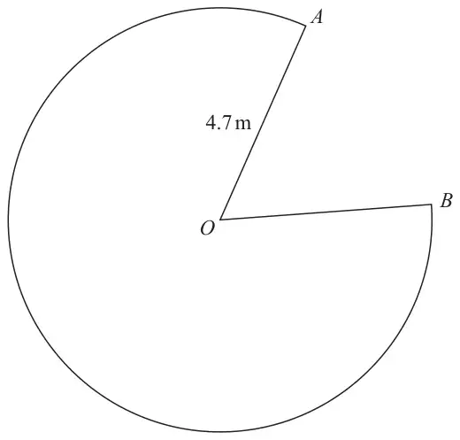 Major sector OAB of a circle with centre O and radius OA = 4.7 m; the reflex angle AOB is inside the sector