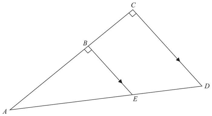 Triangle ACD with B on AC and E on AD; BE is parallel to CD; right angles marked at B (angle ABE) and at C (angle ACD)