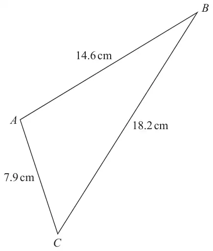 Triangle ABC with AB = 14.6 cm, BC = 18.2 cm and AC = 7.9 cm