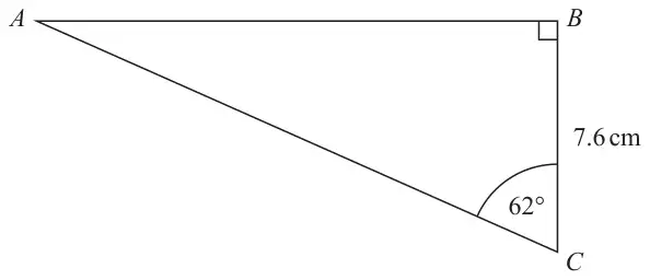 Right-angled triangle ABC with the right angle at B, BC = 7.6 cm and angle ACB = 62 degrees