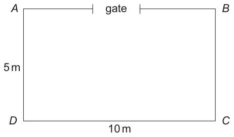 Rectangle ABCD with AD = 5 m and DC = 10 m; a gap marked gate in side AB