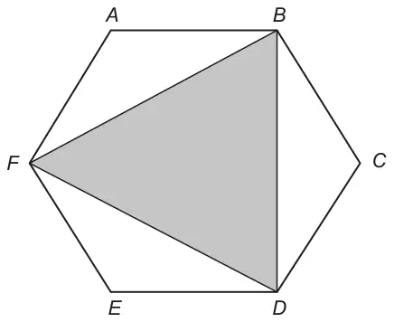 Regular hexagon ABCDEF with the triangle BDF drawn inside it and shaded