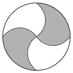 A circle divided by curved lines into four equal swirl-shaped regions; two opposite regions are shaded grey and two are white