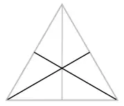The triangle with all three lines of symmetry drawn, each from a vertex to the midpoint of the opposite side