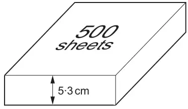 Diagram: a ream of paper labelled 500 sheets with height 5.3 cm