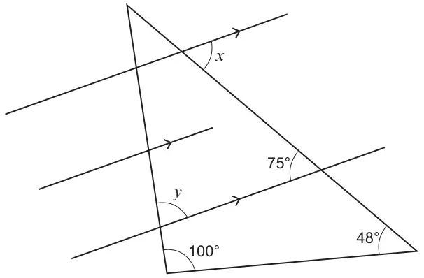 Diagram: a triangle crossed by three parallel lines; angles 100 degrees and 48 degrees at two vertices, 75 degrees where a parallel line meets one side, and angles x and y marked