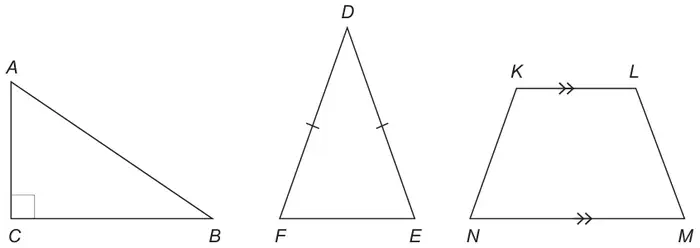 Diagram: right-angled triangle ABC with the right angle at C; isosceles triangle DEF with DF and DE marked equal; trapezium KLMN with KL parallel to NM