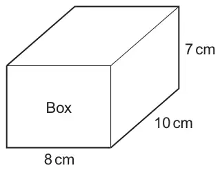 Diagram: a cuboid labelled Box measuring 8 cm by 10 cm by 7 cm high