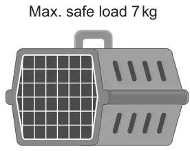Picture: a pet carrier labelled Max. safe load 7 kg
