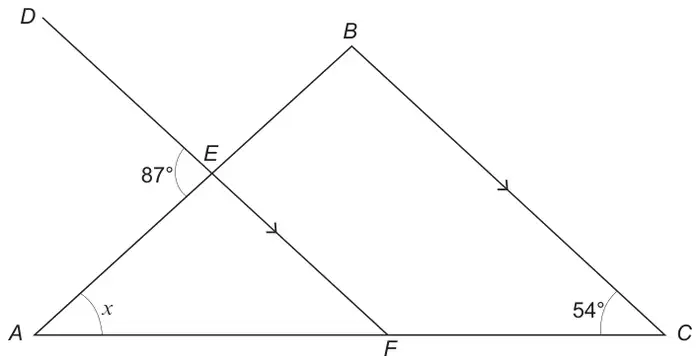 Diagram: triangle ABC with line DEF parallel to BC crossing AB at E and AC at F; angle AED is 87 degrees, angle BAC is x and angle ACB is 54 degrees