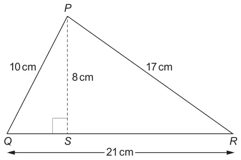 Diagram: triangle PQR with PQ = 10 cm, PR = 17 cm, QR = 21 cm and perpendicular height PS = 8 cm, with S on QR
