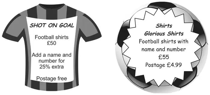 Diagram: SHOT ON GOAL: Football shirts £50, add a name and number for 25% extra, postage free. Shirts Glorious Shirts: Football shirts with name and number £55, postage £4.99