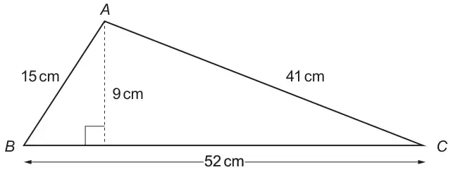 Diagram: triangle ABC with BC = 52 cm, AB = 15 cm, AC = 41 cm and a perpendicular height of 9 cm from A to BC