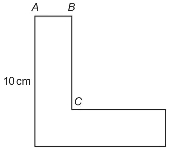 Diagram: an L-shape with top edge AB, inner corner C below B, and left side 10 cm