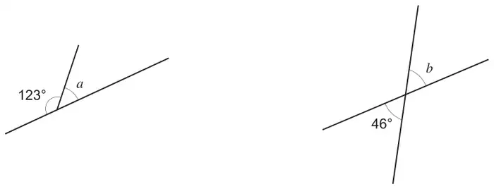 Left: a line meets a straight line, making angle 123 degrees on one side and angle a on the other. Right: two straight lines cross, with angle 46 degrees and angle b vertically opposite