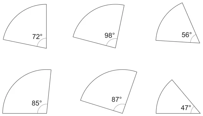 Six pizza slices (sectors). Top row: 72 degrees, 98 degrees, 56 degrees. Bottom row: 85 degrees, 87 degrees, 47 degrees