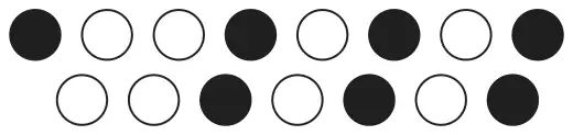 Two rows of counters. Top row: black, white, white, black, white, black, white, black. Bottom row: white, white, black, white, black, white, black