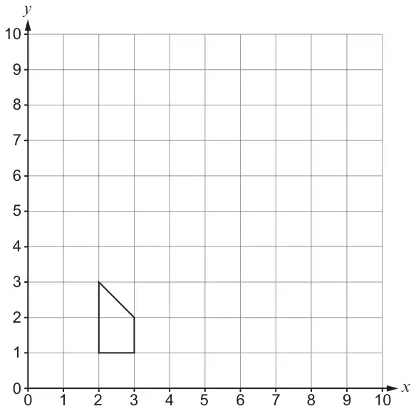 Diagram: grid with x and y from 0 to 10 showing a quadrilateral with vertices (2, 1), (3, 1), (3, 2) and (2, 3)