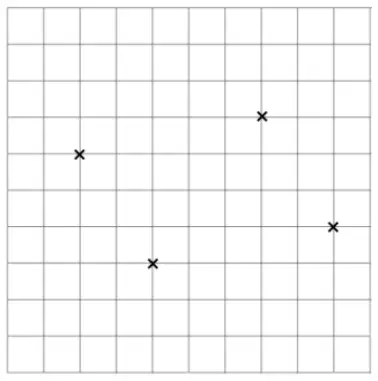 Answer: grid showing the three given crosses and the fourth vertex