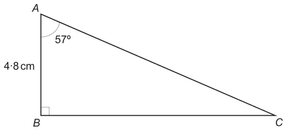 Diagram: right-angled triangle ABC with the right angle at B, AB = 4·8 cm and angle BAC = 57°