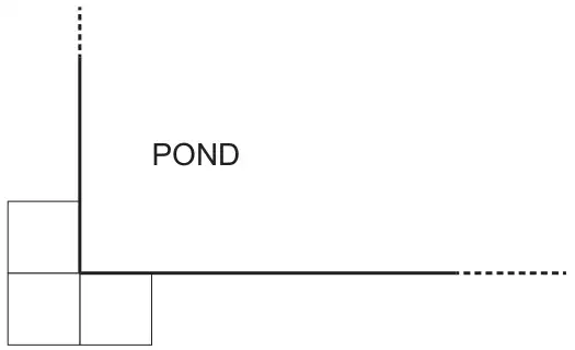 Corner of the pond with three square slabs placed around the corner
