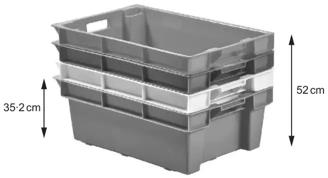 Photo: a stack of four storage boxes nested inside each other; the height of one box is labelled 35·2 cm and the height of the stack of four is labelled 52 cm