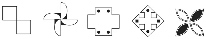 Diagram: five shapes in a row: two squares joined at a corner, a pinwheel of four quarter circles, a cross shape with four dots, a square tilted as a diamond with dots and small squares, and four leaf shapes, two shaded