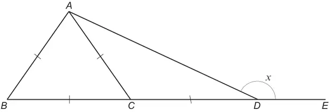 Triangle ABC with B and C on the straight line BE; AB, AC and BC each have one dash, and CD on the line also has one dash; D is joined to A, and the angle x is marked at D between DA and DE