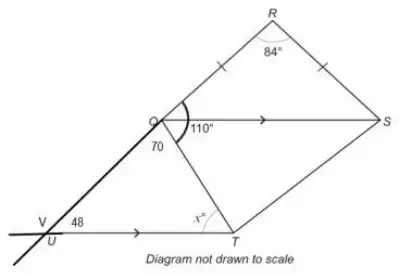Mark scheme diagram: RQ extended beyond Q to meet the line UT extended at V; angle VQT = 70 and angle QVT = 48