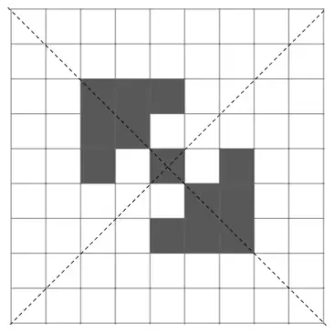 Mark scheme diagram: the shape on the grid with both diagonals of the grid drawn as the two lines of symmetry