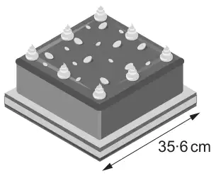 Picture: a cake on a square cake board, with the side of the board labelled 35·6 cm