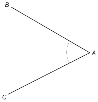 Diagram: angle BAC formed by lines AB and AC meeting at A, with the angle marked by an arc