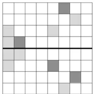 Mark scheme diagram: the grid with the four extra squares (shown darker) that reflect the shaded squares in AB