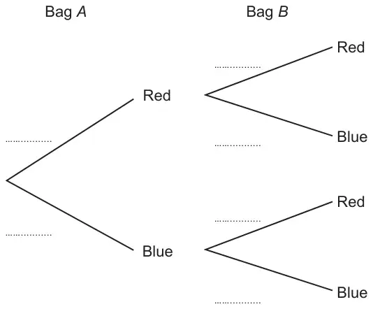 Diagram: probability tree with Bag A branches Red and Blue, each followed by Bag B branches Red and Blue, with all six probabilities left blank