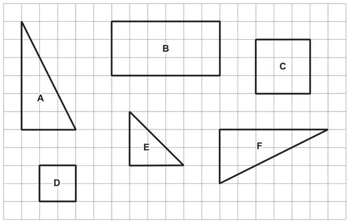 Diagram: six shapes A to F drawn on a square grid