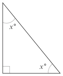 Diagram: a right-angled triangle with the other two angles both marked x degrees