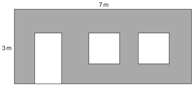 Rectangular wall 7 m by 3 m with a door and two square windows