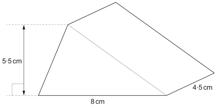 Triangular prism with cross-section base 8 cm, height 5·5 cm, and length 4·5 cm