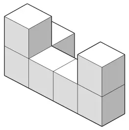 Solid made from cubes: a row of four cubes with one cube on top of each end cube, and a cube behind the left-hand top cube