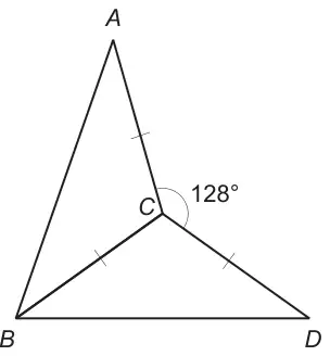 Diagram: triangle ABD with point C inside, joined to A, B and D; AC, BC and DC are marked equal; angle ACD is marked 128 degrees
