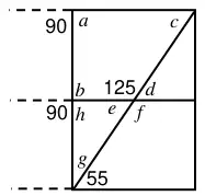 Diagram: right half of the gate with angles labelled: 90 and a at the top of the vertical bar, c at the top right corner, b and 125 and d above the middle bar, 90, h, e and f below the middle bar, g and 55 at the bottom
