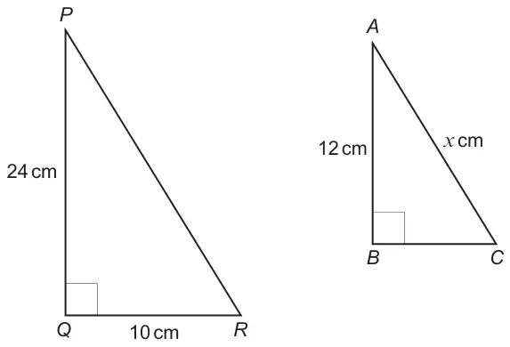 Diagram: right-angled triangle PQR with the right angle at Q, PQ = 24 cm and QR = 10 cm; right-angled triangle ABC with the right angle at B, AB = 12 cm and AC = x cm