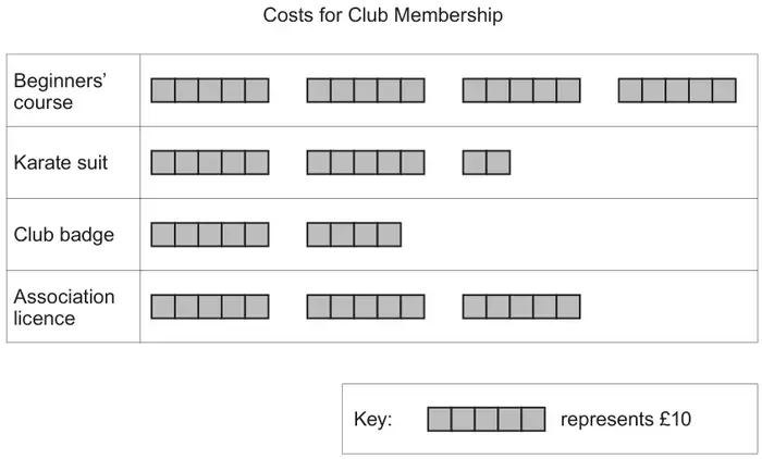 Pictogram: Costs for Club Membership. Key: a bar of 5 small squares represents £10. Beginners’ course: 4 full bars; Karate suit: 2 full bars and 2 squares; Club badge: 1 full bar and 4 squares; Association licence: 3 full bars