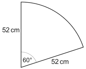 Diagram: a sector of a circle with two straight sides of 52 cm and an angle of 60 degrees between them