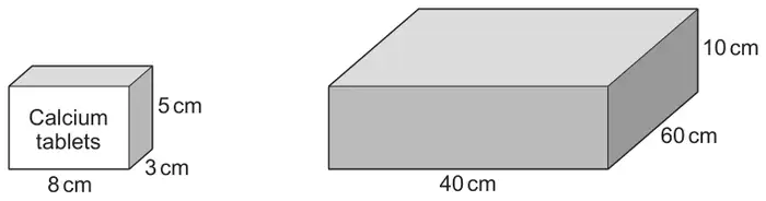 Diagram: a small box of calcium tablets, 8 cm by 3 cm by 5 cm, and a large box, 40 cm by 60 cm by 10 cm