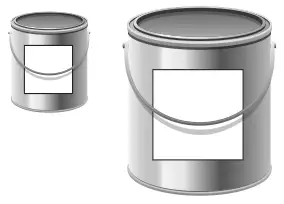 Picture: a small paint tin and a large paint tin, each with a square label