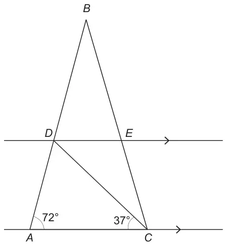 Diagram: isosceles triangle ABC with D on AB and E on BC, DE parallel to AC, line DC drawn; angle BAC = 72 degrees, angle ACD = 37 degrees