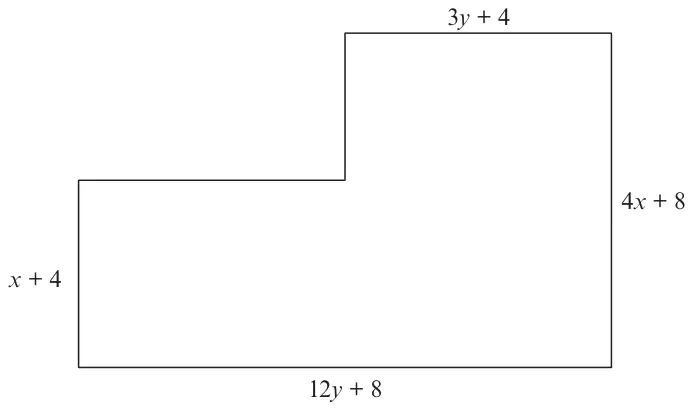 Diagram: L-shaped figure made from two rectangles with sides labelled 3y + 4 (top), 4x + 8 (right), 12y + 8 (bottom) and x + 4 (left)