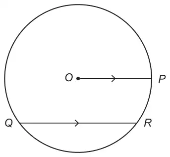 Diagram: circle with centre O; radius OP and chord QR are marked with arrows as parallel