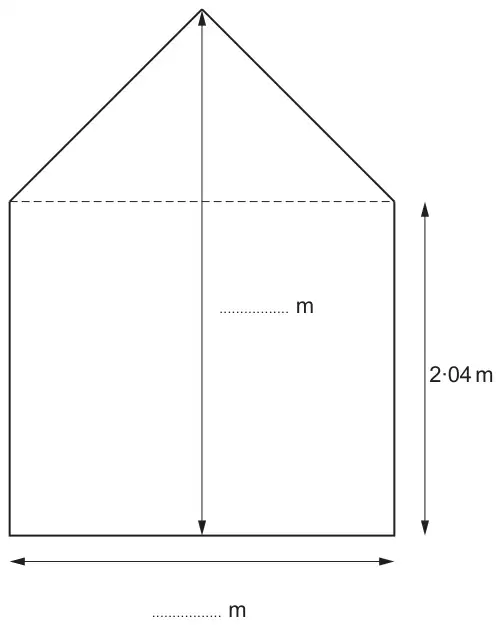 Diagram: similar shed cross-section with wall height 2·04 m; the total height and the width are left blank